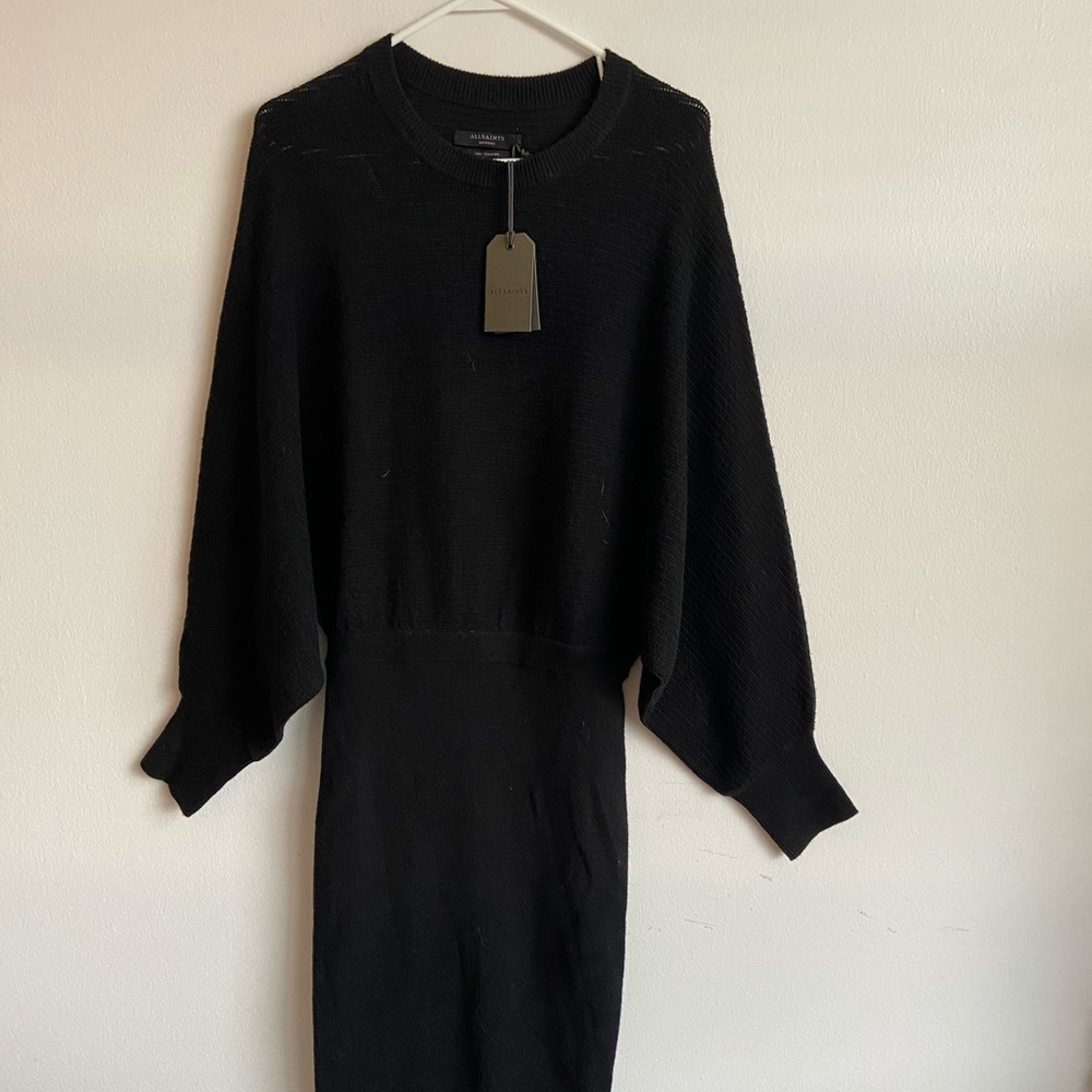 NEW Allsaints merino wool black dress medium tags Batwing - Picture 2 of 8